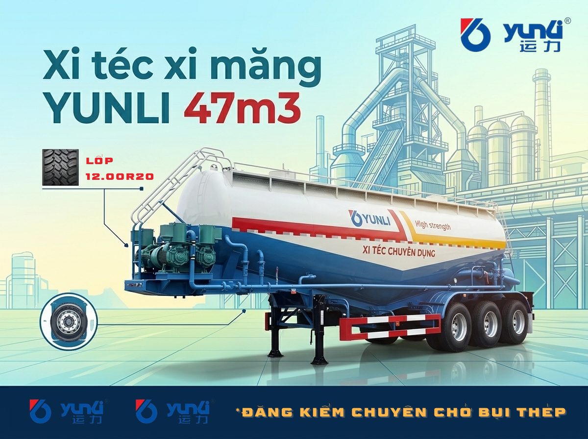 Sơ mi rơ mooc Xi téc Chở xi măng rời YUNLI - 47m3 - 12.00R20
