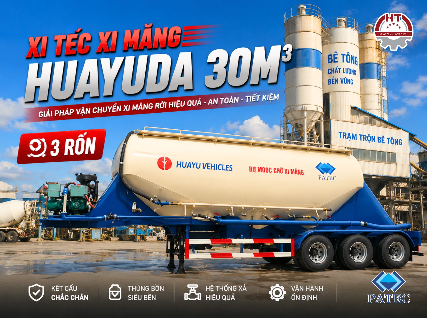 Sơ mi rơ mooc Bồn chở Xi măng rời HUAYUDA - 30m3 - 3 Rốn (Xi téc xi măng rời HUAYUDA - 3 ống xả)