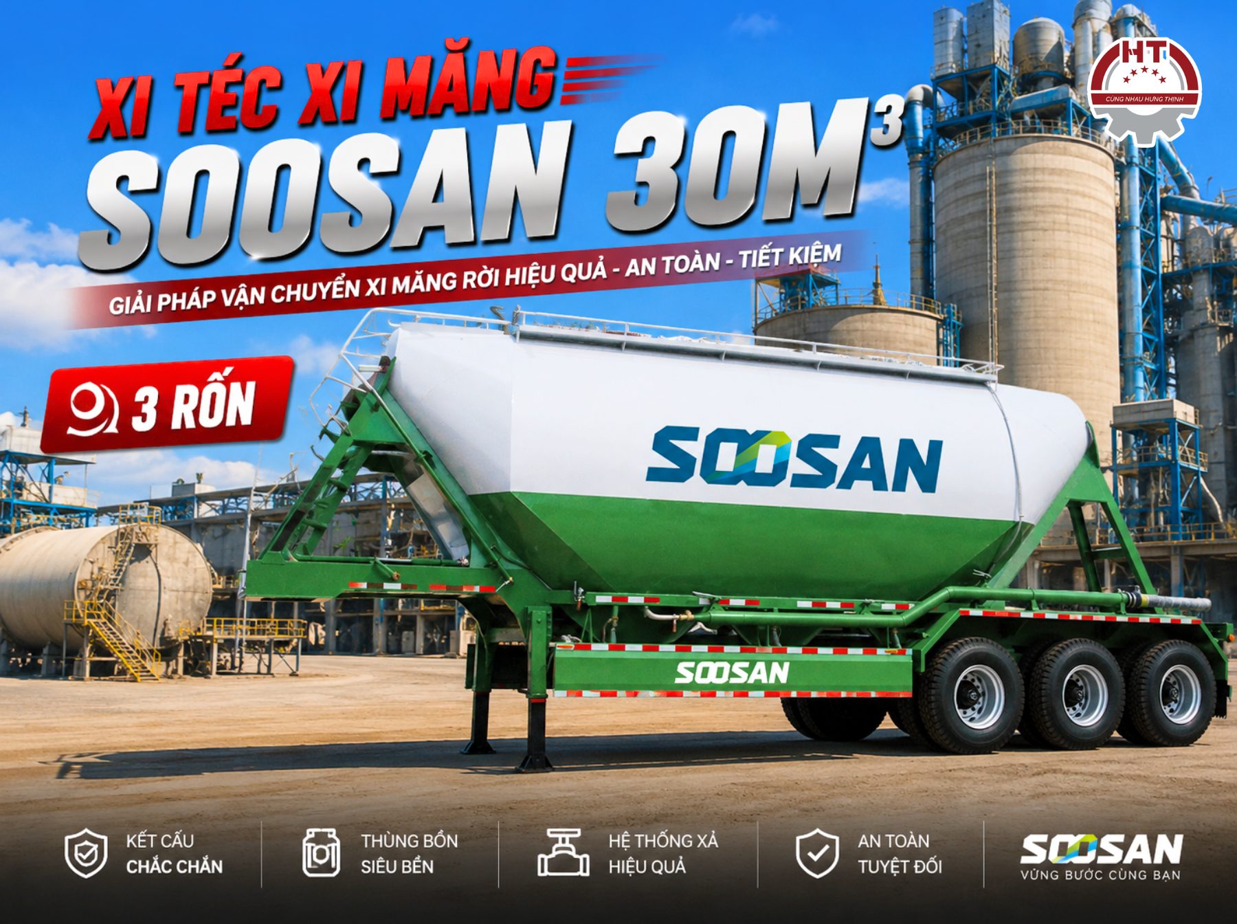 Sơ mi rơ mooc Bồn chở Xi măng rời SOOSAN - 30M3 - 3 Rốn (Xi téc xi măng rời SOOSAN - DOOSUNG - 30 Khối)