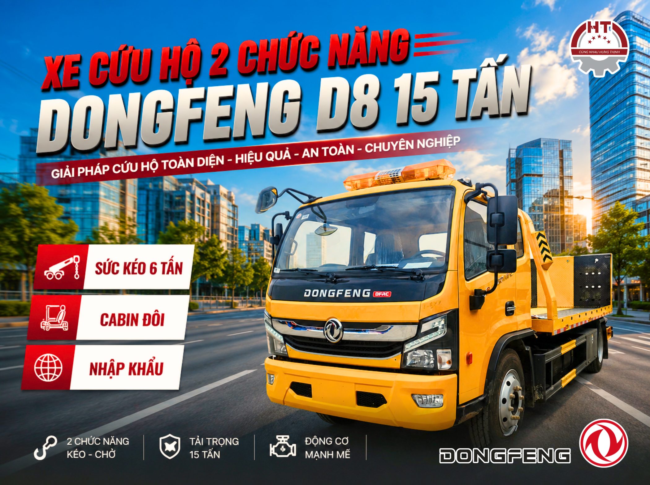 Xe cứu hộ DONGFENG D8 - 2 chức năng - Cabin đôi - 15 tấn - Xe nhập khẩu nguyên chiếc (Xe cứu hộ Dongfeng kéo 6 tấn)