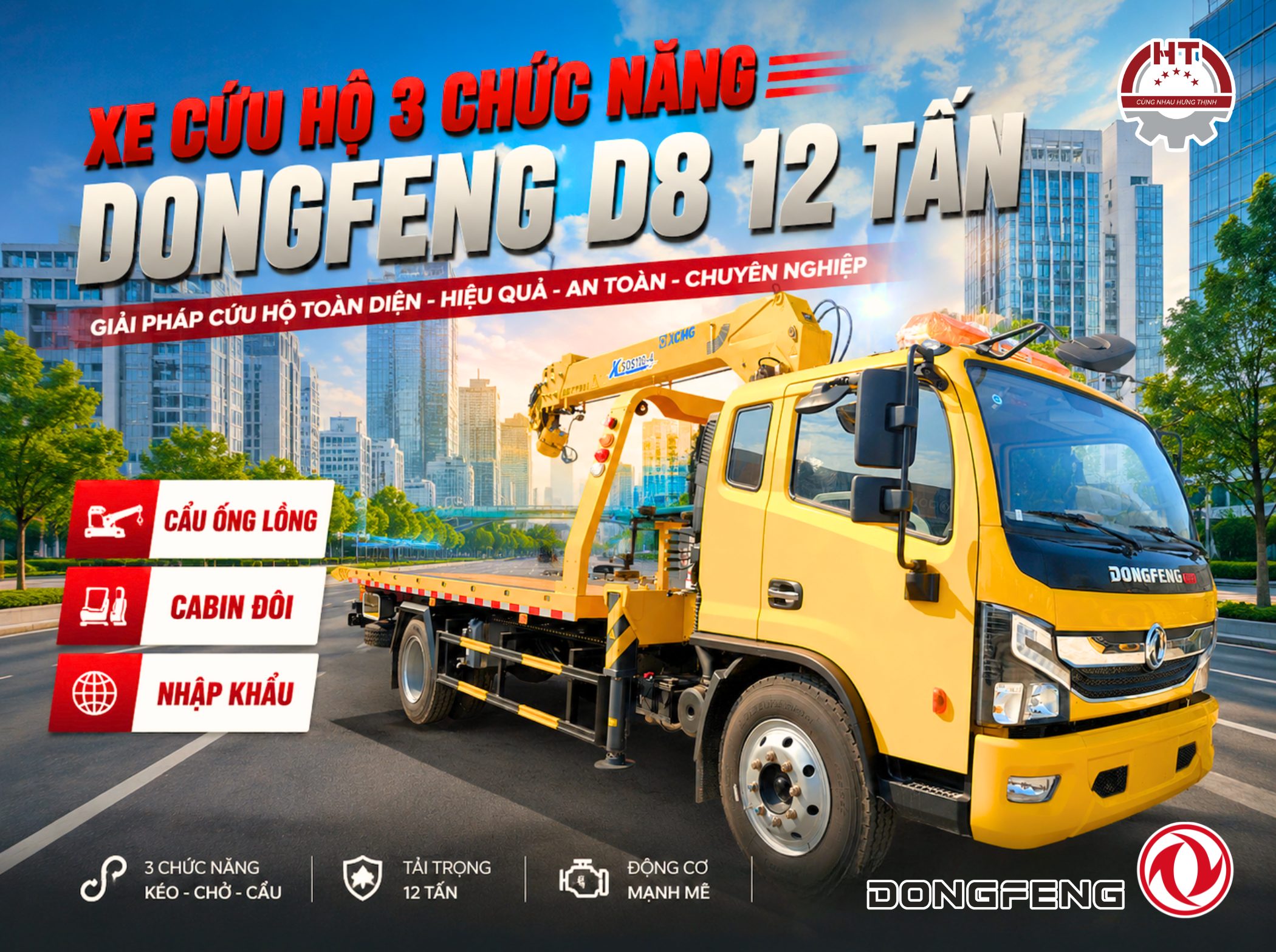 Xe cứu hộ DONGFENG D8 - 3 chức năng - Cẩu ống lồng - Cabin đôi - 12 tấn - Xe nhập khẩu nguyên chiếc (Xe cứu hộ Dongfeng có cẩu nhập khẩu)