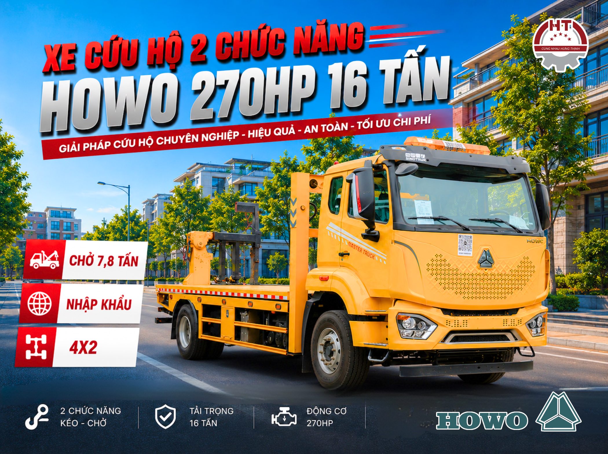 Xe cứu hộ HOWO 270Hp – 2 chức năng – 16 tấn – Nhập khẩu nguyên chiếc (Xe cứu hộ Howo chở 7.8 tấn)