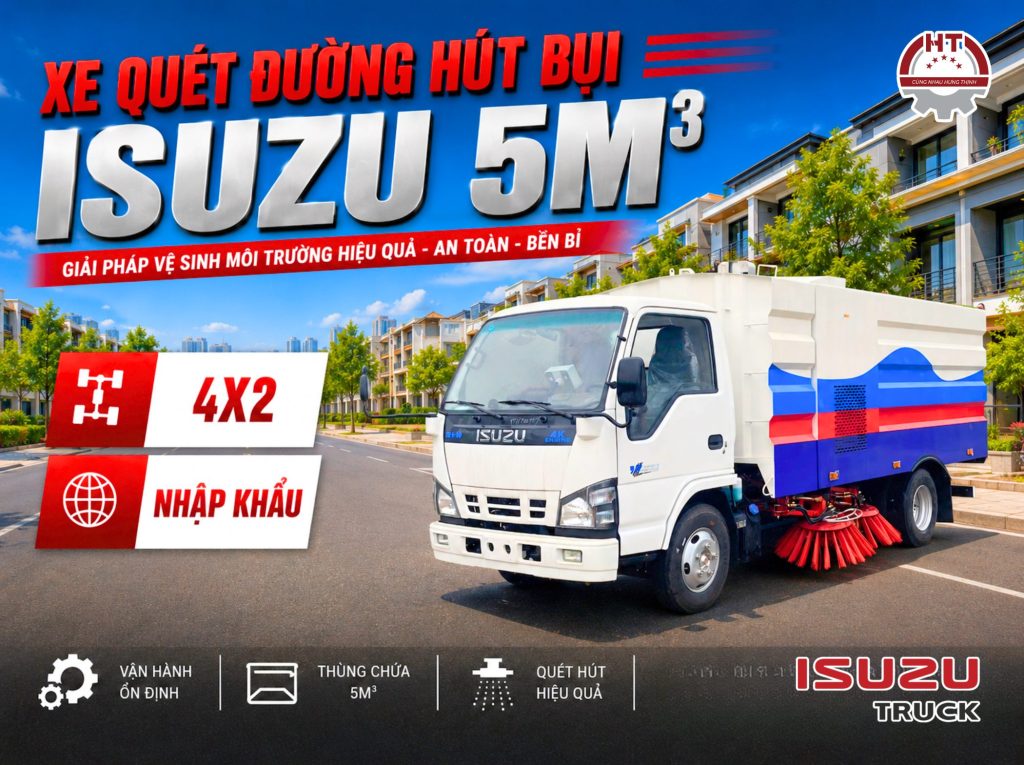 Xe quét đường hút bụi ISUZU 5m3 – 4×2 – Nhập khẩu nguyên chiếc (Xe quét đường hút bụi Isuzu nhập khẩu 5 khối)