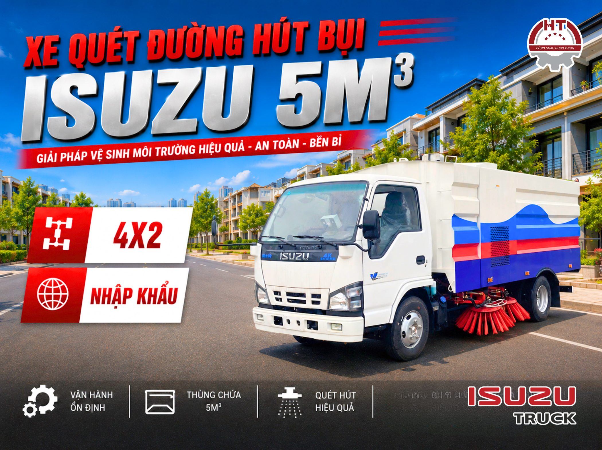 Xe quét đường hút bụi ISUZU 5m3 – 4×2 – Nhập khẩu nguyên chiếc (Xe quét đường hút bụi Isuzu nhập khẩu 5 khối)