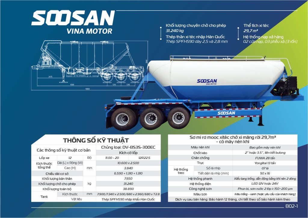 Sơ mi rơ mooc Bồn chở Xi măng rời SOOSAN - 30M3 - 3 Rốn (Xi téc xi măng rời SOOSAN - DOOSUNG - 30 Khối)